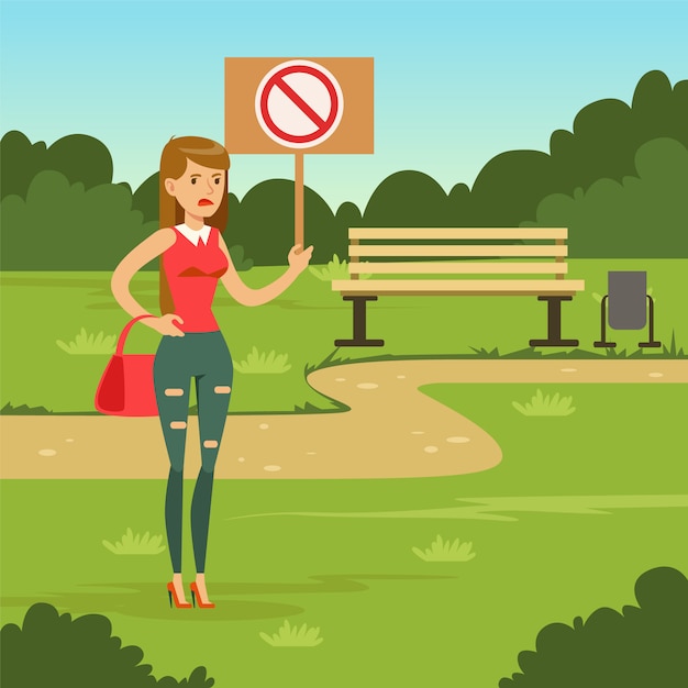 Vector woman with placard claiming her demands in the park, female with picket sign protesting flat vector illustration