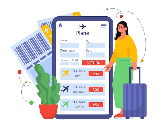 Woman with plane tickets concept Young girl with luggage and baggage Traveller with mobile application tourist with bag Journey at holiday or vacations Cartoon flat vector illustration