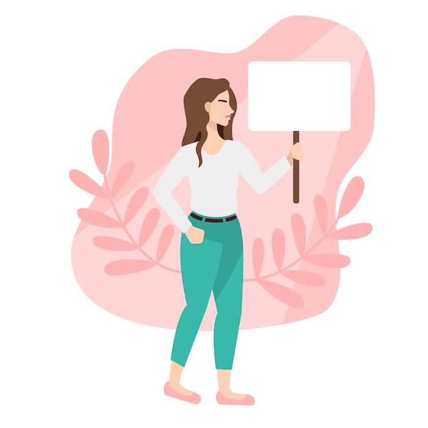 Woman with a poster, protest for their rights and feminism. Vector illustration in flat cartoon styl