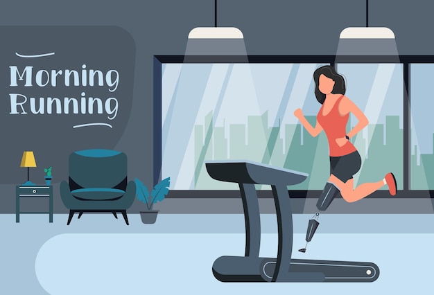 Woman with a prosthetic leg runs on a treadmill in home. Vector illustration