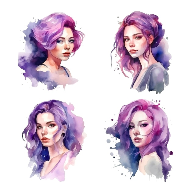 Woman with purple hairstyle watercolor paint