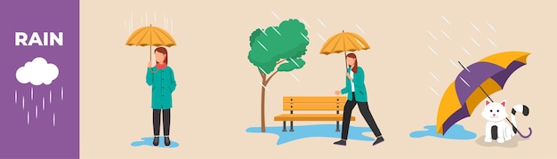 Woman with rain coat holding umbrella and walking and cat under the umbrella Monsoon season equipment set concept Colored flat graphic vector illustration isolated