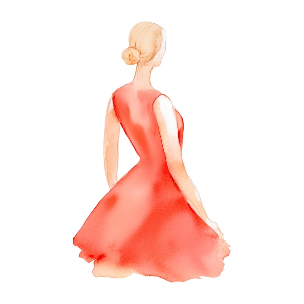 Woman with red dress back view vector watercolor illustration abstract fashion background