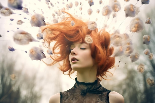 A woman with red hair and a flower in her hair