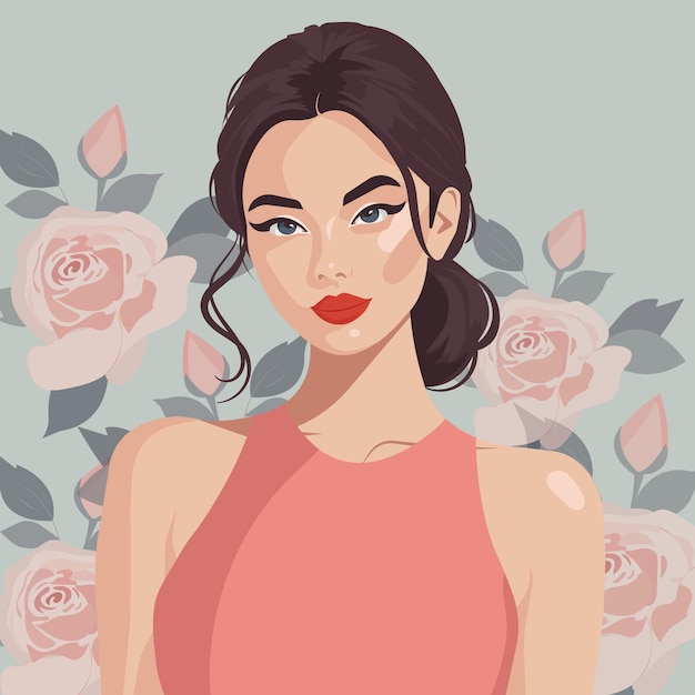 Vector a woman with a red lips and a pink dress with a floral background