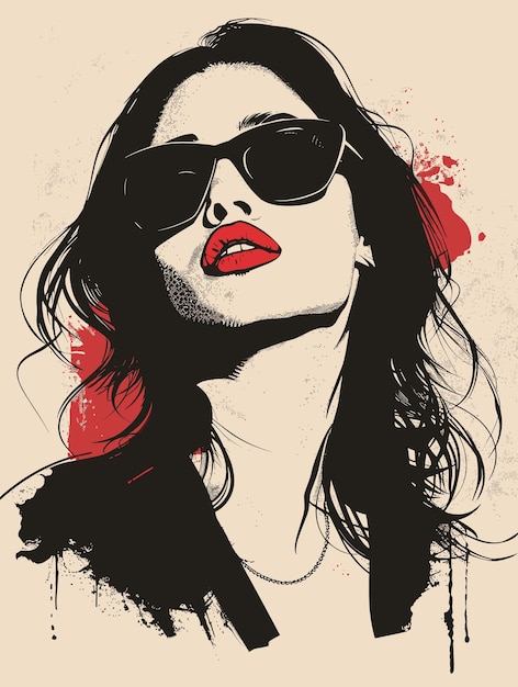 A woman with red lips and sunglasses is the main subject of the image