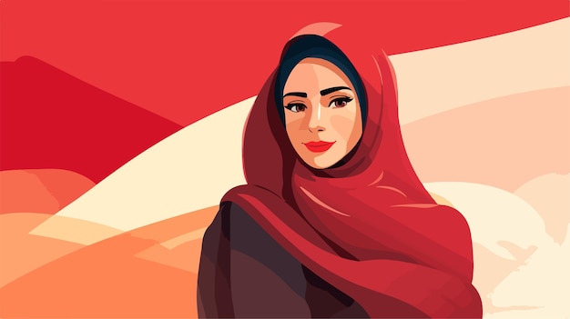 a woman with a red scarf sits on a red background