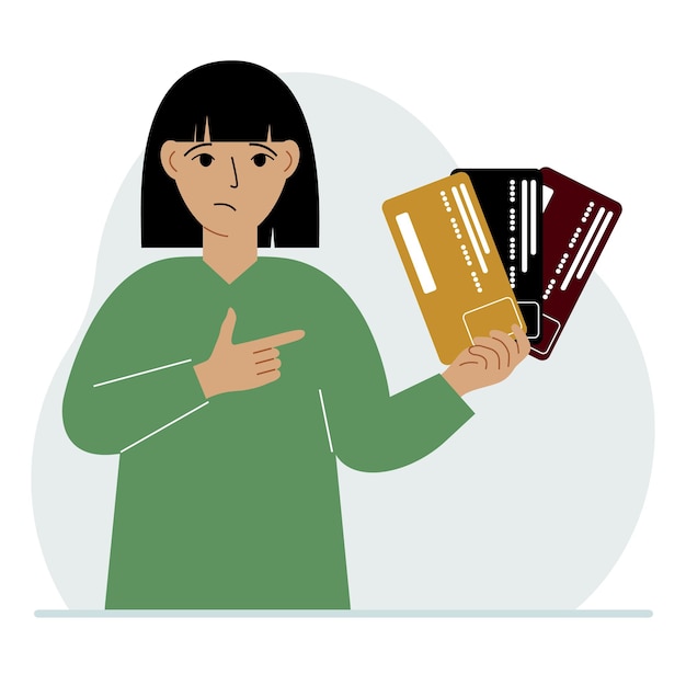 A woman with several plastic cards The concept of multiple loans the burden of credit cards and banking fees over a lifetime