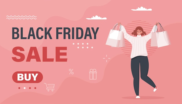 Woman with shopping bags Black Friday sale banner Vector illustration in flat style