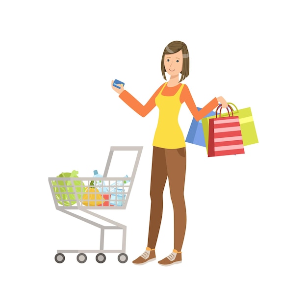 Woman With Shopping Bags And Full Cart Holding Credit Card