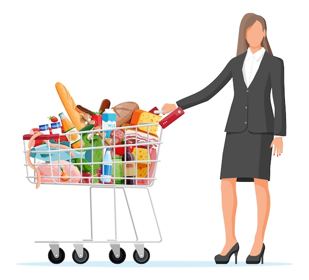 Vector woman with shopping cart full of fresh products