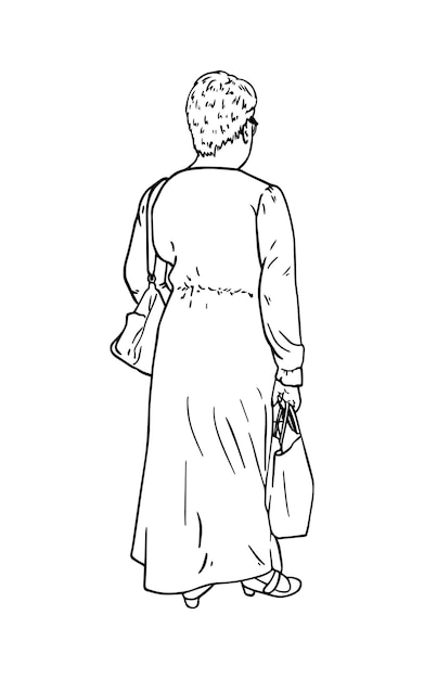 Vector woman with short hair in a dress with a bag man doodle linear cartoon coloring