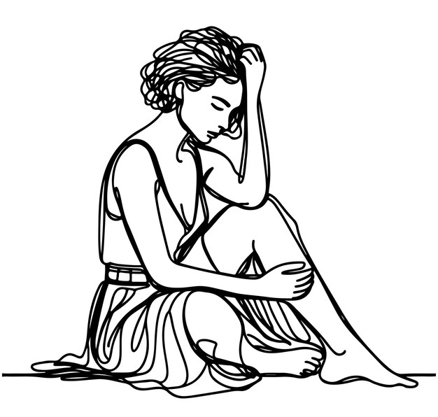 Vector woman with short hair sitting and thinking psychologist sketch sad woman in depression