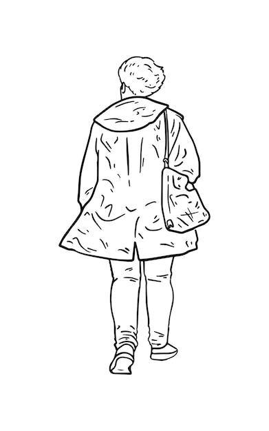 Woman with short hair up in a jacket with a bag on her shoulder pants and sneakers man doodle