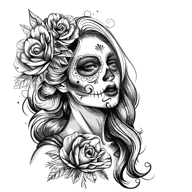 A woman with a skull on her face and roses in her hair