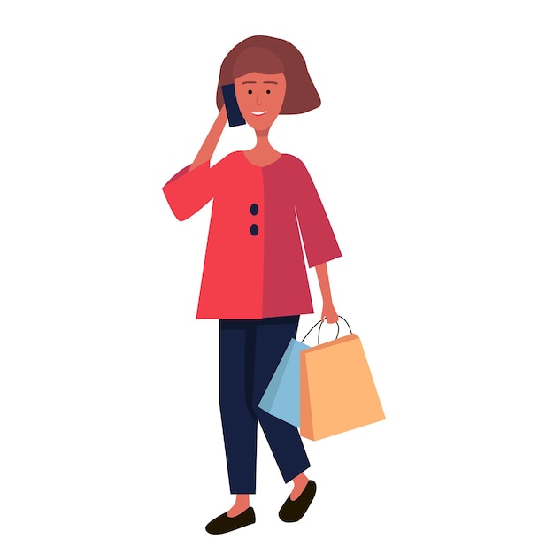 Woman with smartphone and shopping bags Vector flat illustration