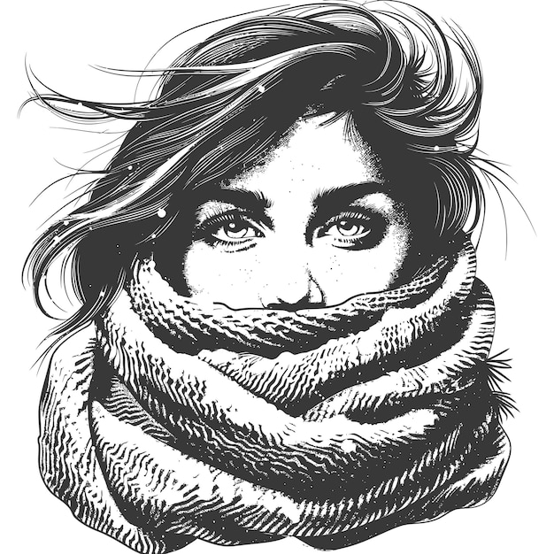 Vector woman with snow scarf with engraving style