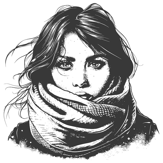 Vector woman with snow scarf with engraving style