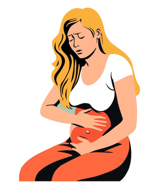 woman with stomach ache with hand on stomach. Cartoon vector illustration. Painful female periods