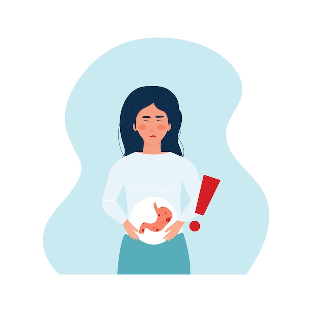 Woman with stomach pain Gastritis ulcers and cancer of the stomach Symptoms of acute inflammation Disease of the digestive tract concept Vector editable illustration