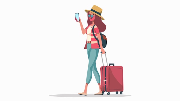 Woman with Suitcase Taking Selfie Modern Flat Character