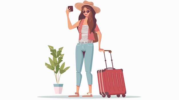 Vector woman with suitcase taking selfie modern flat character