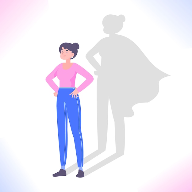 Woman with superhero shadow, self confidence and ambition