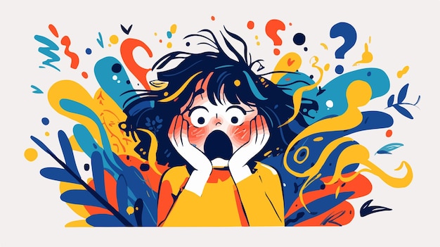 a woman with a surprised expression is singing in front of a colorful background