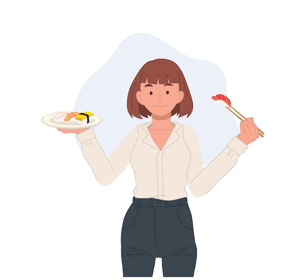 Woman with sushi rolls japanese food vector illustration