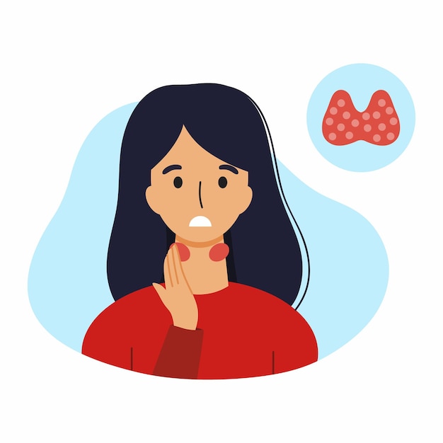 A woman with thyroid disease. Pain in the neck. Vector illustration with a medical disease symptom.