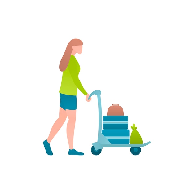 Woman with trolley in airport at flat vector illustration