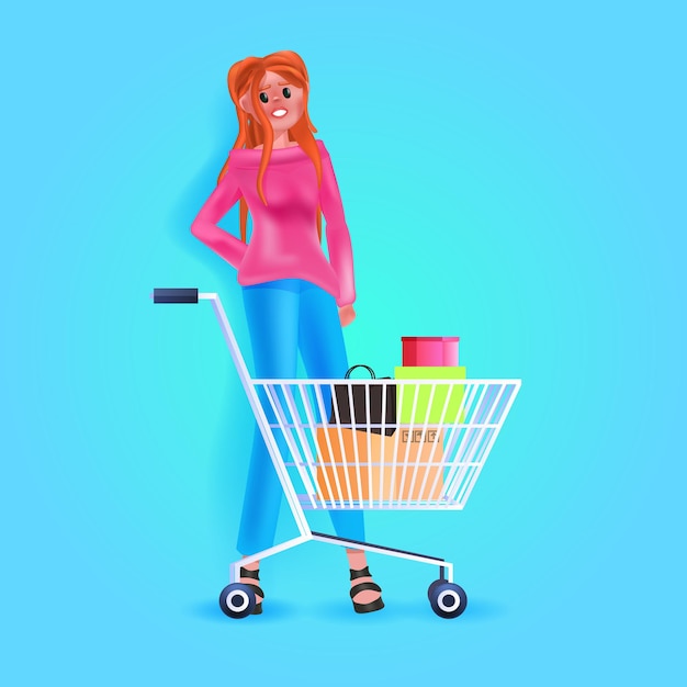 Woman with trolley cart full of colorful purchases seasonal shopping special offer discount concept