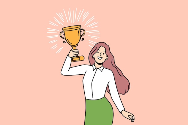 Woman with trophy celebrate success