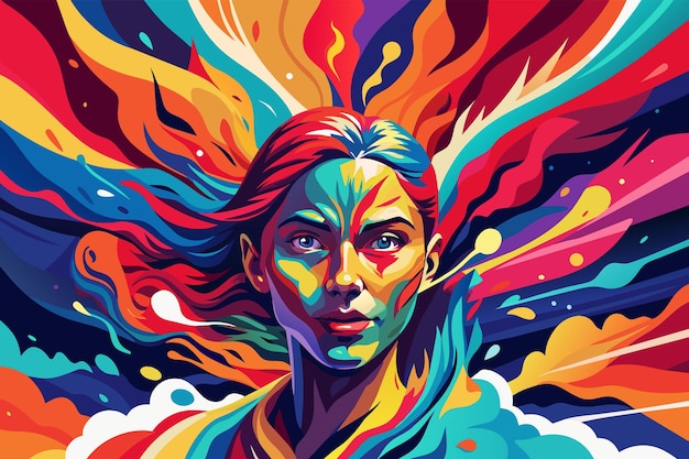 A woman with vibrant hair stands out against a colorful backdrop