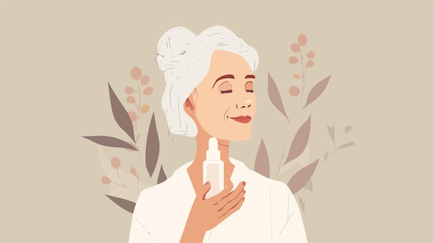 Vector a woman with a white hair wearing a white hat holding a bottle of shampoo