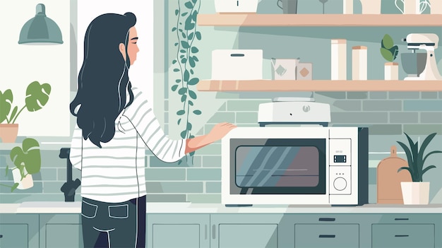 Woman with White Microwave Oven on Counter in Kitchen