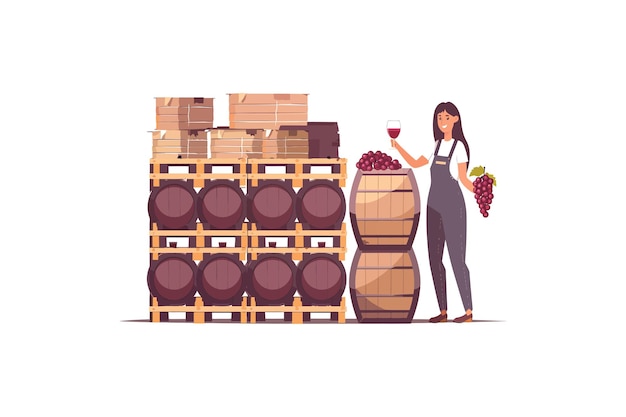 Vector woman with wine barrels and grapes vector illustration design