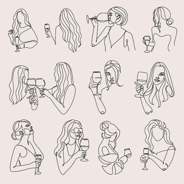 Woman with wine glass line draw Drawing with one continuous line Linear glamor logo in a minimalistic style for a wine label