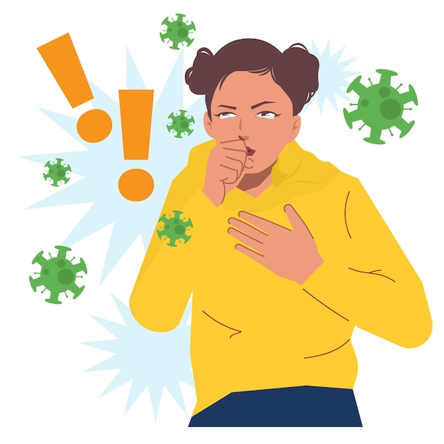 Vector a woman with a yellow shirt coughing with virus surrounding