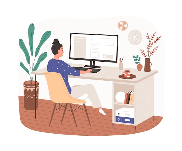 Woman work at home office with cozy modern workplace. Remote employee on chair working online at desk with desktop computer and coffee cup. Flat vector illustration isolated on white background.