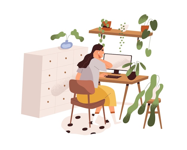 Woman work with computer, sitting at desk in home office. Freelancer at modern cozy remote workplace with table, desktop and potted house plants. Flat vector illustration isolated on white background