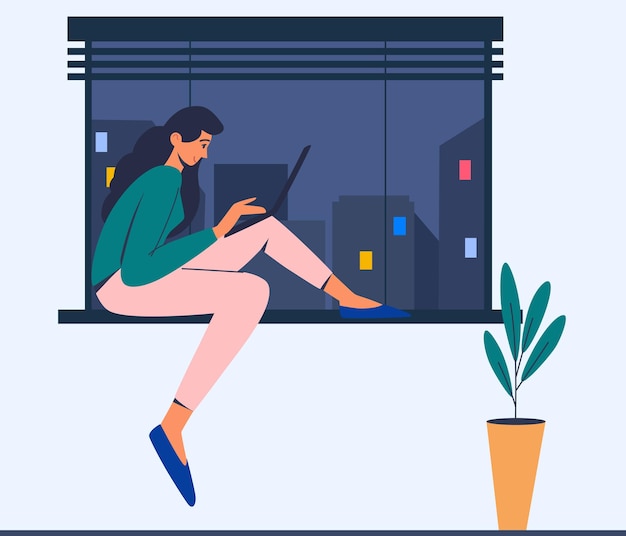 Woman working at a computer Business communication concept Young girl is sitting by the window with a laptop Freelance business work student Trendy flat vector illustration isolated