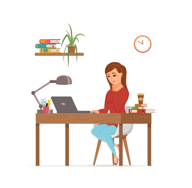 Woman working on computer colorful vector concept. Cartoon flat style illustration of office clerk happy girl sitting on desk with laptop. Female character of freelancer, secretary, businesswoman