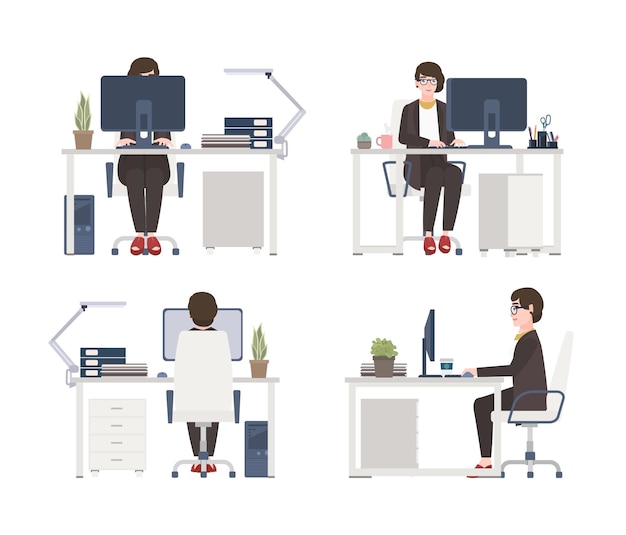 Woman working on computer. Female office worker, secretary or assistant sitting in chair at desk. Flat cartoon character isolated on white background. Front, side and back views. Vector illustration.