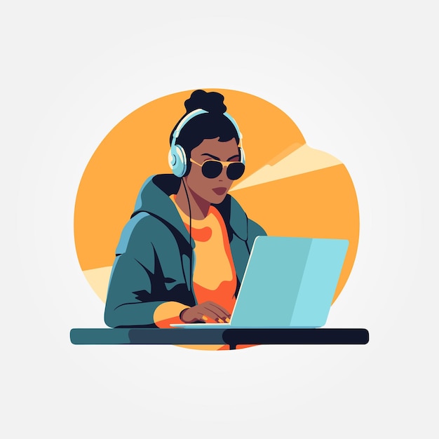 woman working on computer with headphones