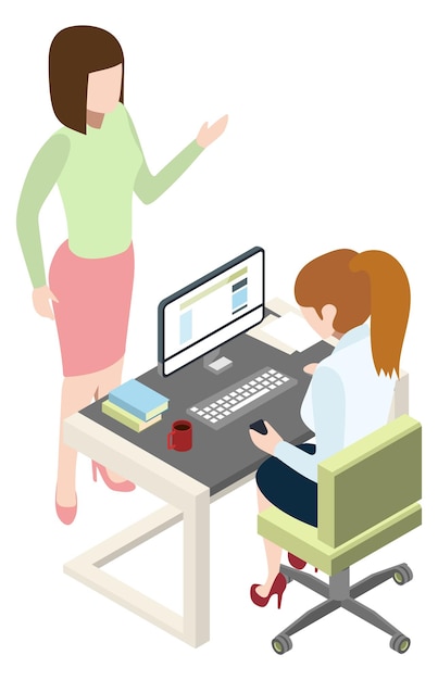 Woman working at desk and talking with colleague Isometric scene