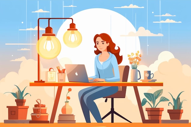 Vector woman working at desk with laptop