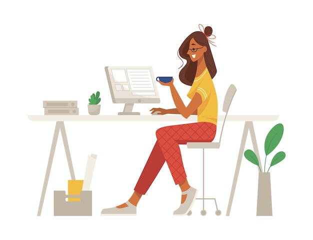 Woman working from home office freelancer