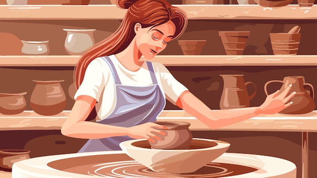 Vector a woman working in a kitchen with a pot on the stove