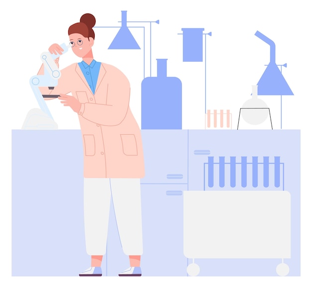 Woman working in laboratory Scientist workplace with chemical equipment